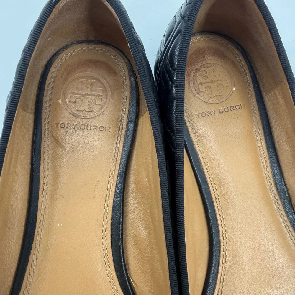Tory Burch Marion 7.5M Quilted Leather Ballet Flats Bow Black Round Toe Minimal